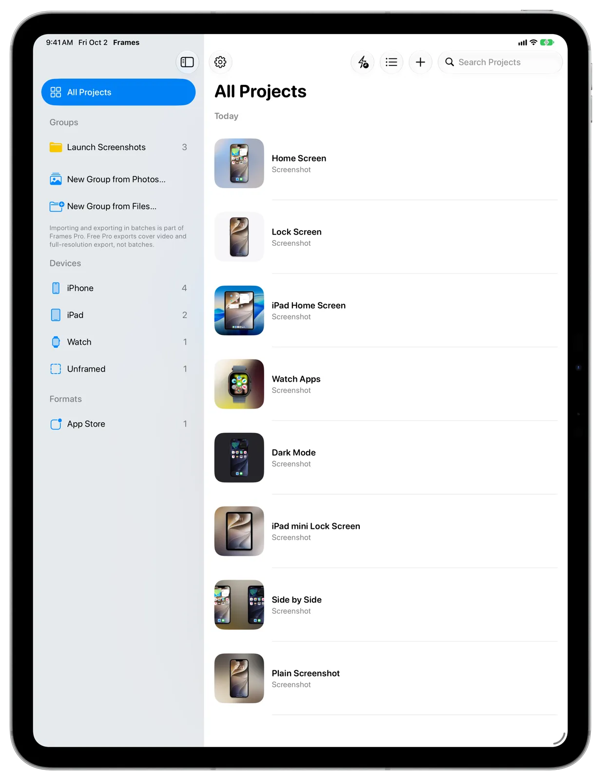 The Frames library on iPad, shown as a list