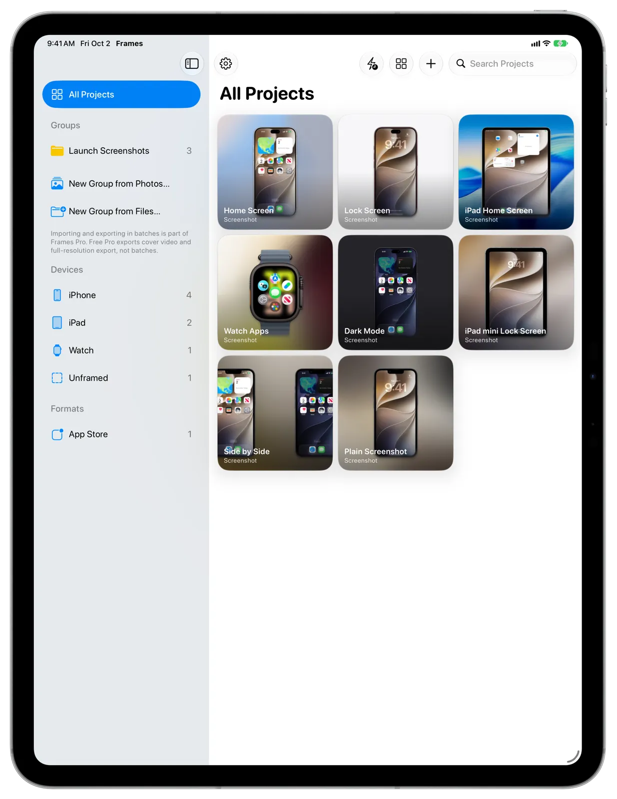 The Frames library on iPad, with the sidebar showing Groups, Devices and Formats