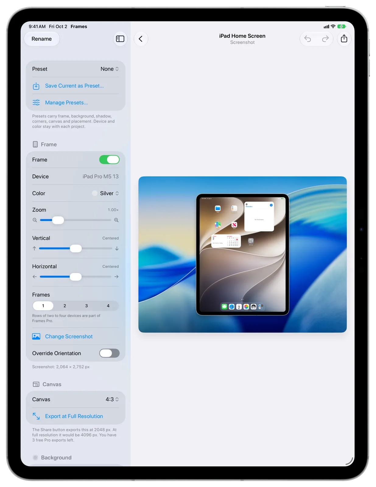 The Frames editor on iPad, with every control in the sidebar