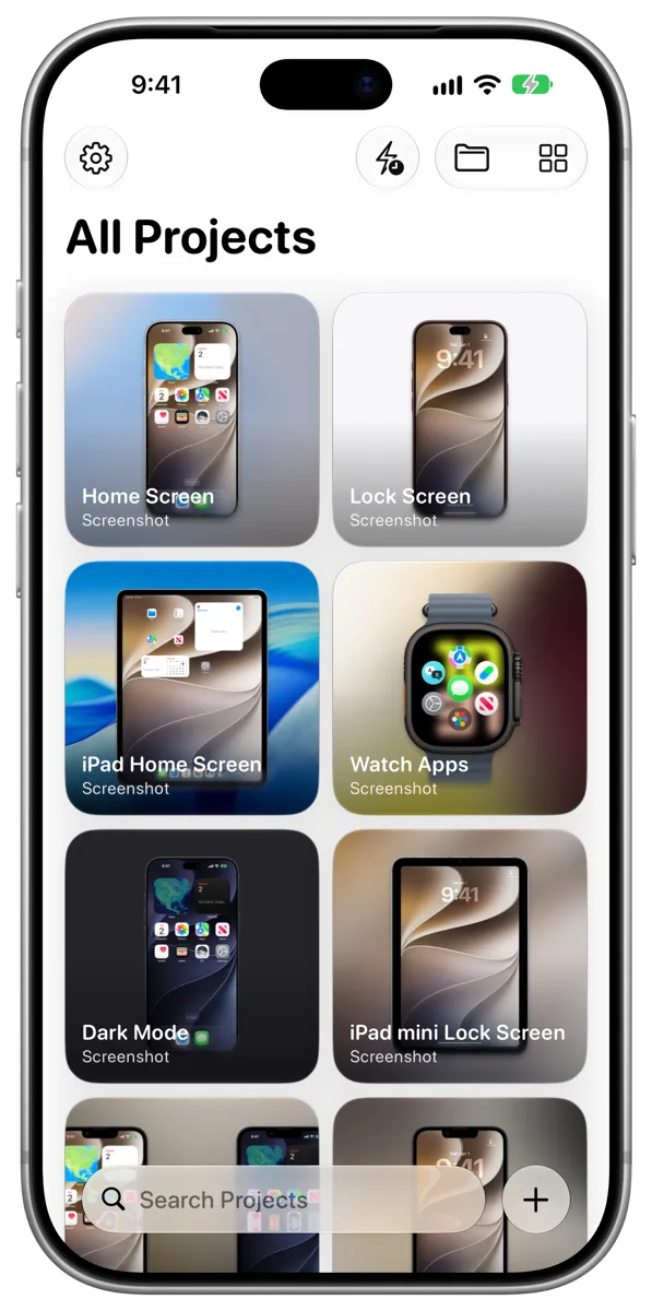The Frames library on iPhone, showing a grid of framed projects