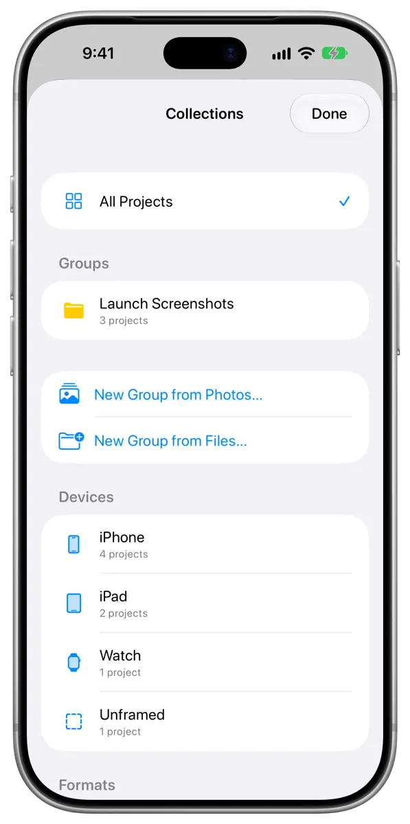 The Collections list on iPhone, with Groups, Devices and Formats