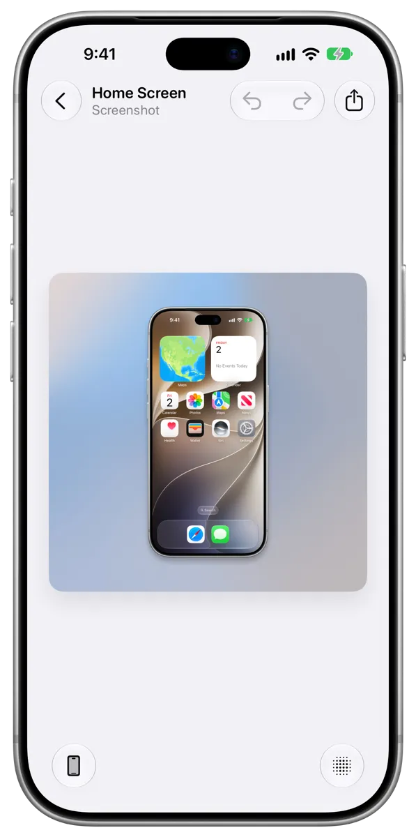 The Frames editor on iPhone, showing a Home Screen screenshot framed in iPhone 18 Pro