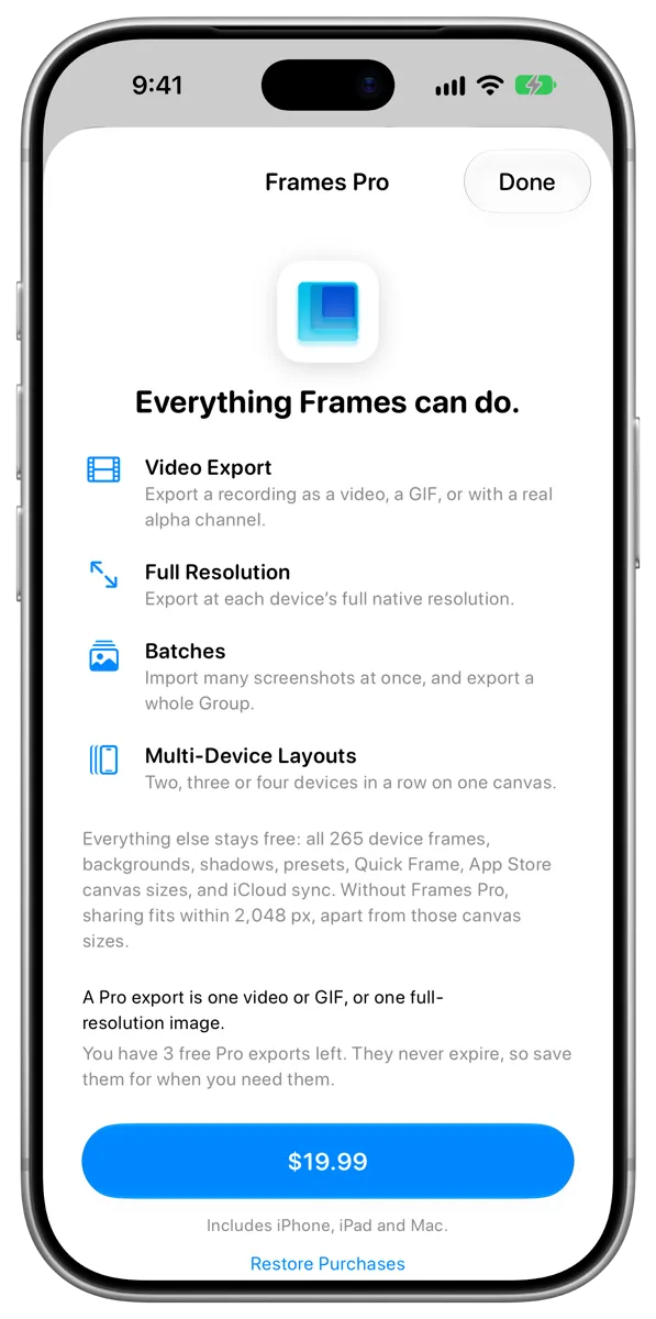 The Frames Pro screen on iPhone