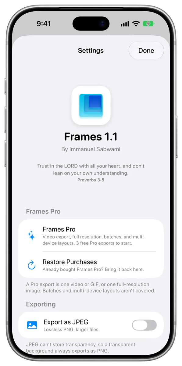 Settings in Frames on iPhone